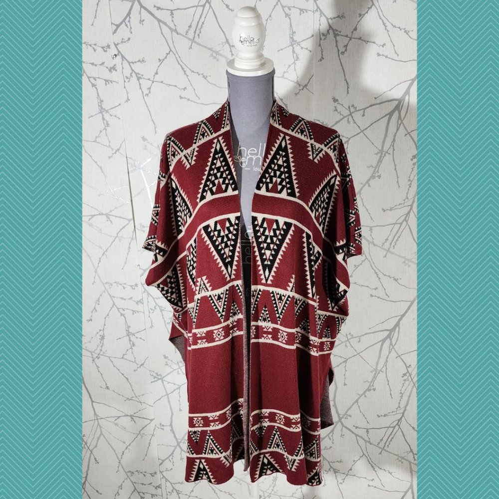 Tally Weijl Burgundy Aztec Printed Open Front Poncho Cardigan